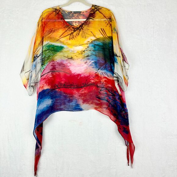 Cocoon House Tops - Cocoon House Silk Sheer Poncho Topper Small/Medium Art To Wear Colorful Abstract